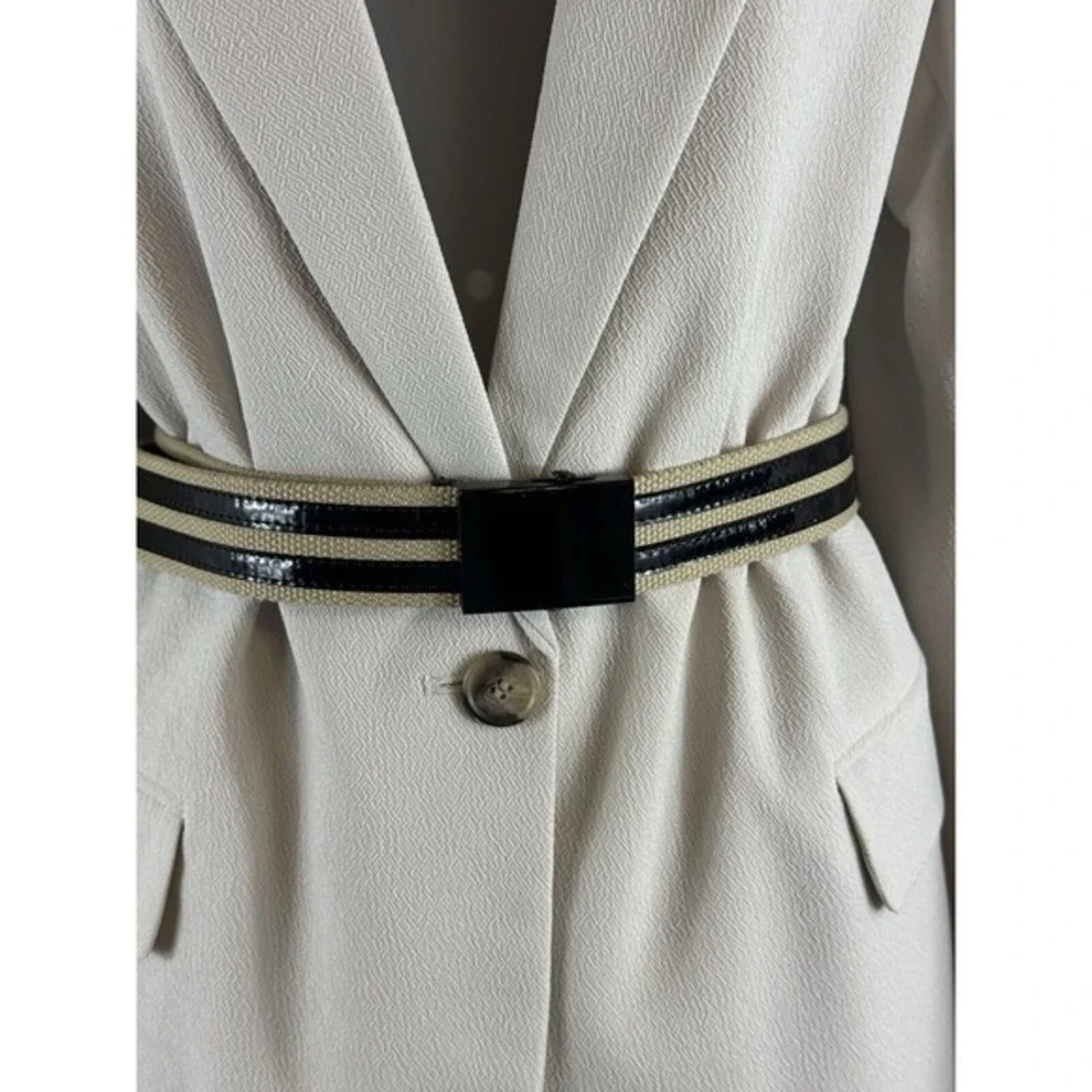Tan Canvas Web Belt Black Patent Stripes Military Flip‎ Buckle Adjustable 70-19